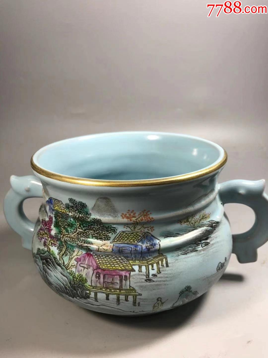 宋官窑底端政和元年宋徽宗青瓷天青釉精绘山水纹,描金边双蚰龙耳炉